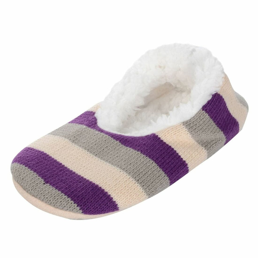 Womens Stripe Knit Ballet Style Slippers With Sherpa Lining Purple & Grey / 3-4