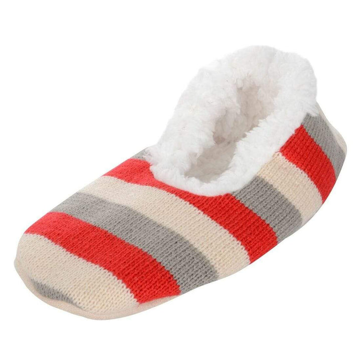 Womens Stripe Knit Ballet Style Slippers With Sherpa Lining Red &amp; Grey / 3-4