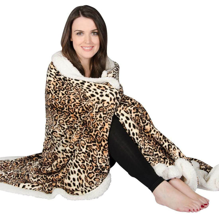 Animal Print Fleece Blanket With Sherpa Trim 2 Sizes