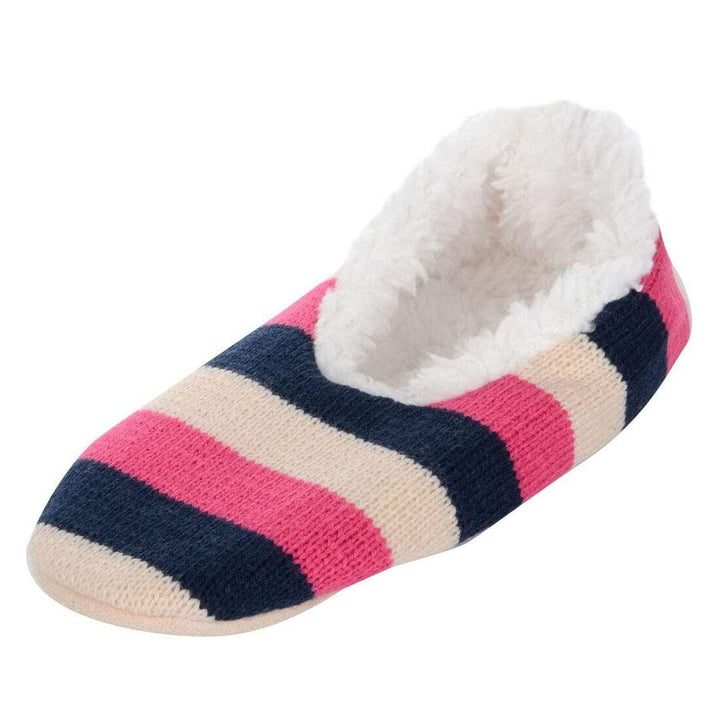 Womens Stripe Knit Ballet Style Slippers With Sherpa Lining Navy & Pink / 3-4