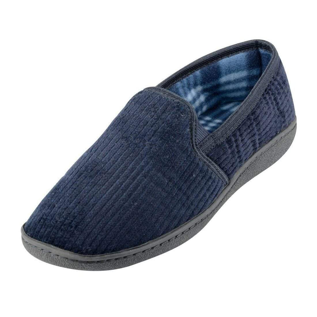 Mens 100% Cotton Corduroy Cosy Tartan Lining Non Slip Soles Navy / UK 12