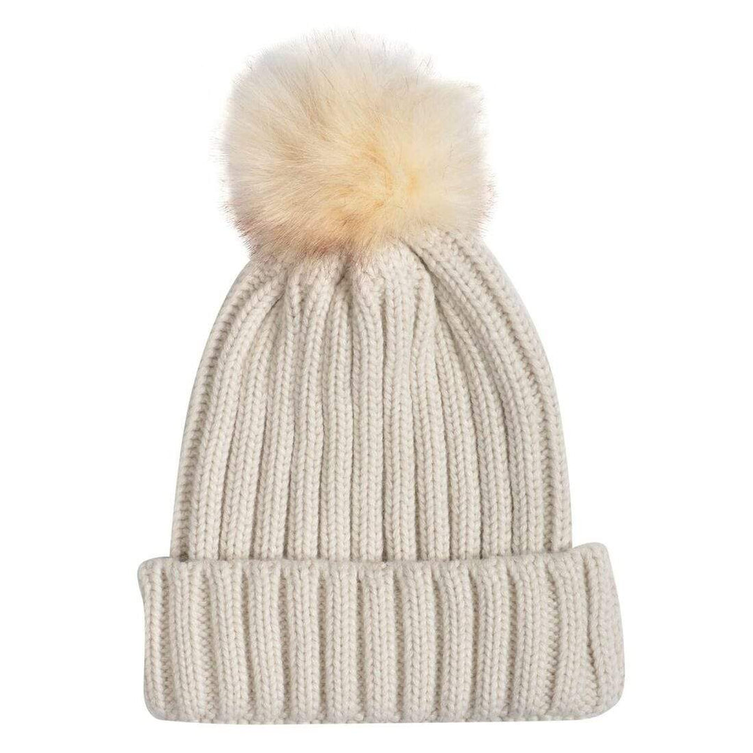 Womens Pom Pom Bobble Beanie Hat Knitted Faux Fur 5 Colours Oatmeal