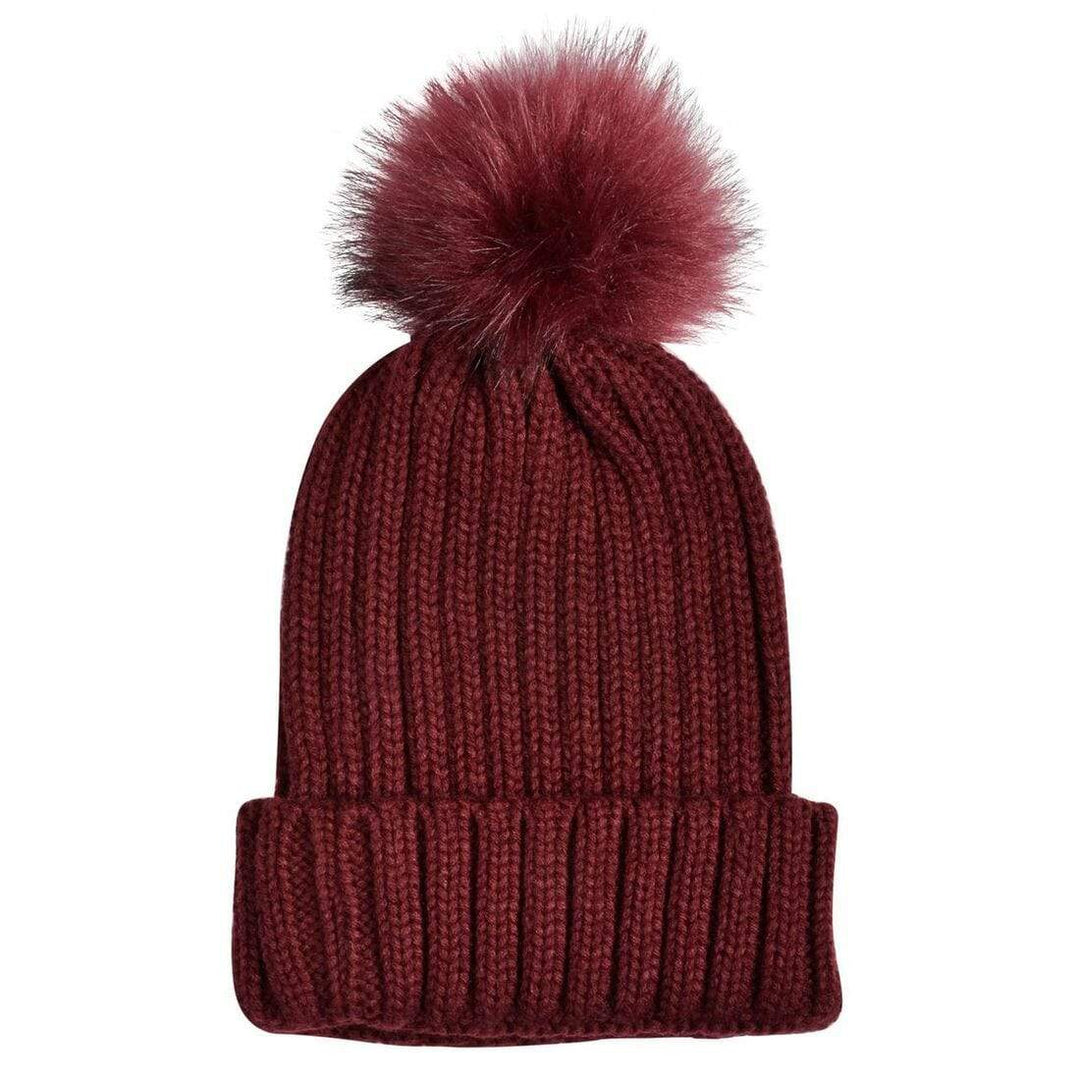 Womens Pom Pom Bobble Beanie Hat Knitted Faux Fur 5 Colours Dark Red