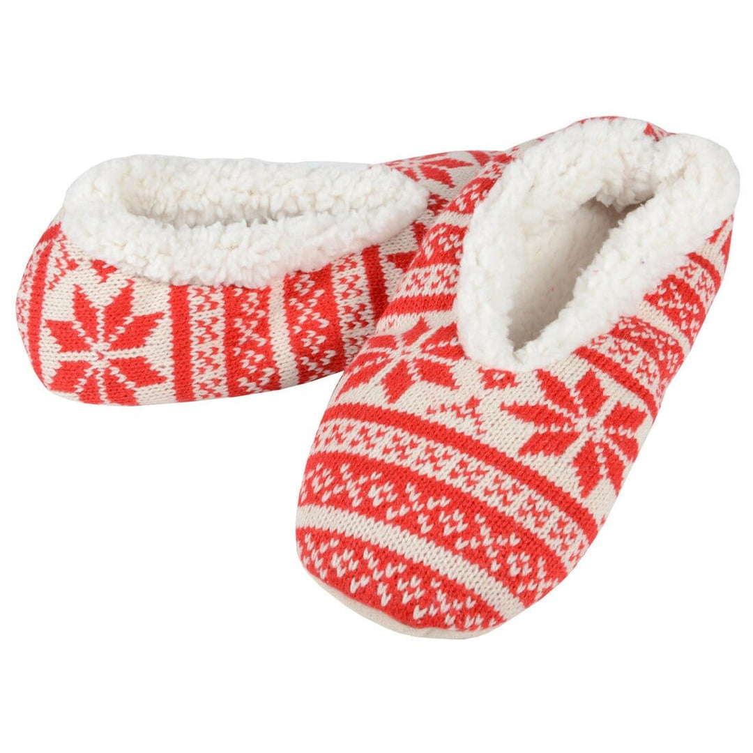 Womens Fair Isle Knit Snugg Slippers Sherpa Fleece Lining Red / 3-4