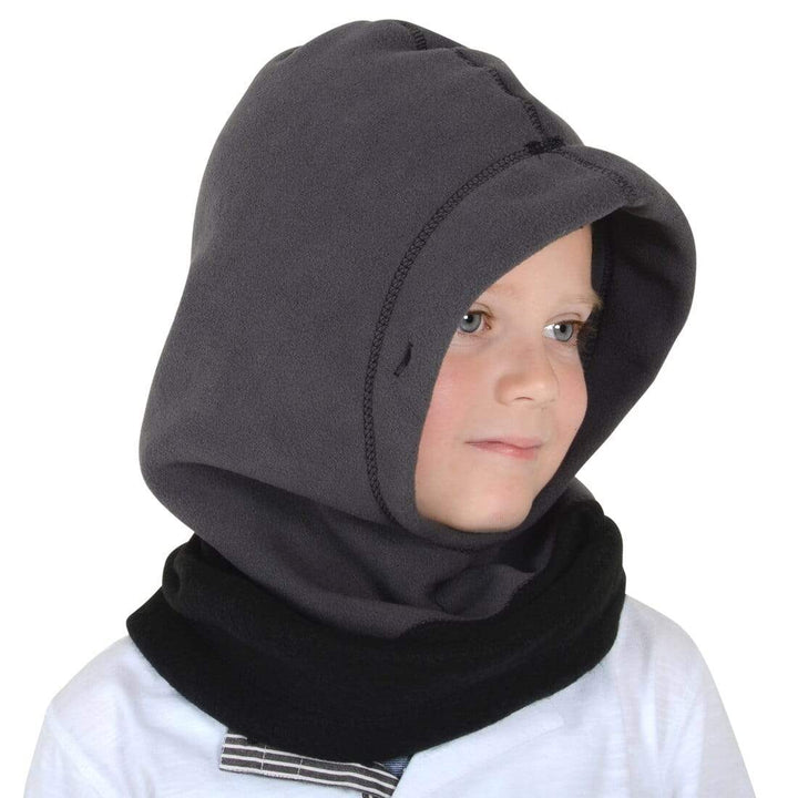 Boy wearing a grey and black fleece hood with neck warmer on a white background