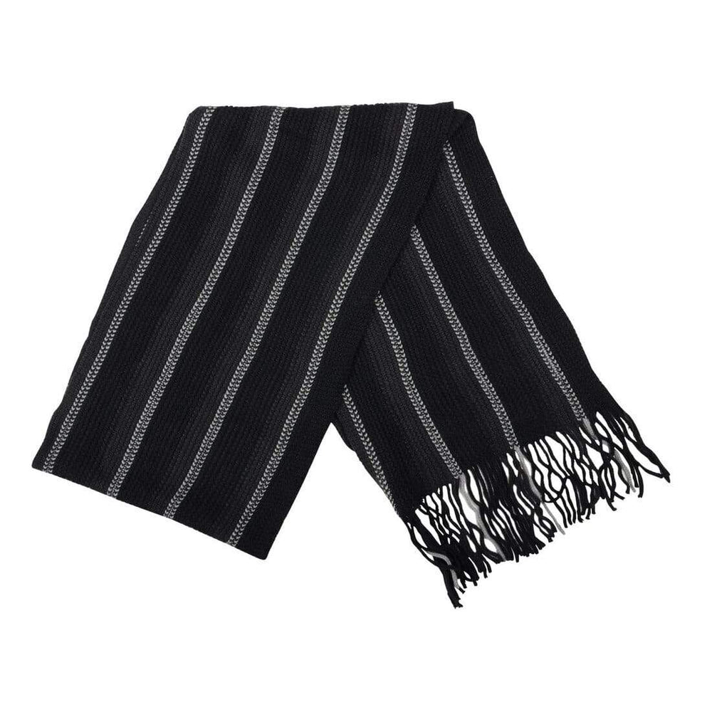 mens knitted scarf with black base and white stripe and fringe edges