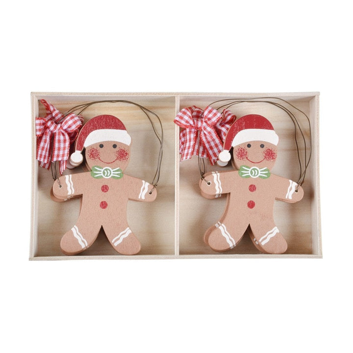 Set Of 6 Gingerbread Man Xmas Tree Decorations Wooden Boxed