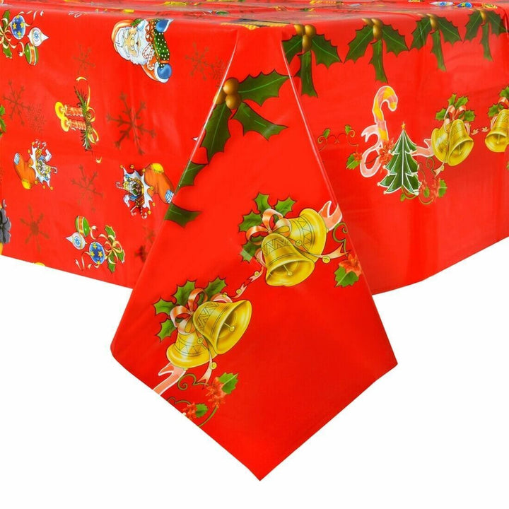 Red &amp; Gold Bells Large Christmas Tablecloth PVC Vinyl Table Cover