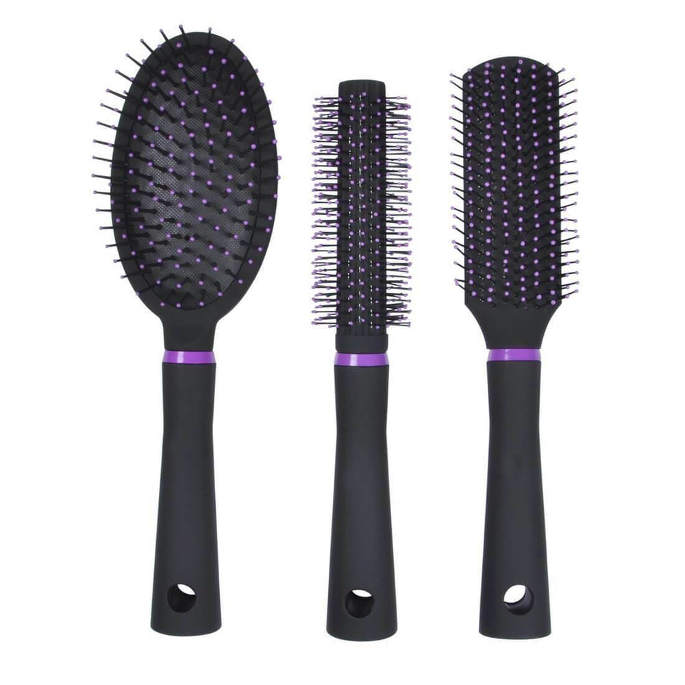 set of 3 black hair brushes with purple accents on a white background
