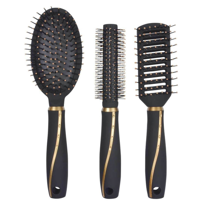 set of 3 black hairbrushes with gold accents on a white background